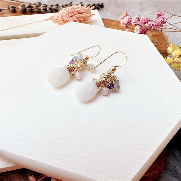 New Moonstone and Mini Gemstone Cluster Earrings | Handmade in BC - Picture 2 of 4